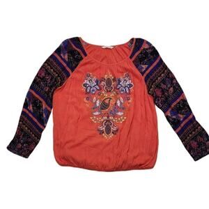 Soft Surroundings Womens Sz L Blame Rio Coral Embroidered Boho Floral Shirt Flaw